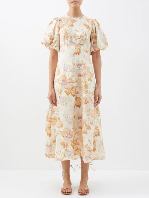 Philomena Floral-print Linen Midi Dress - Womens - Cream Beige