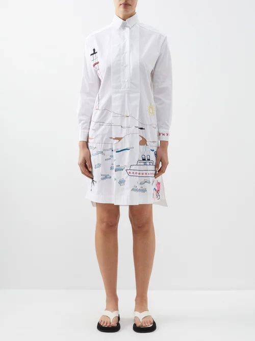 Sailing Past The Light Snap Cotton Shirt Dress - Womens - White Multi