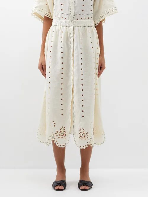Colette Broderie-anglaise Linen Skirt - Womens - Cream