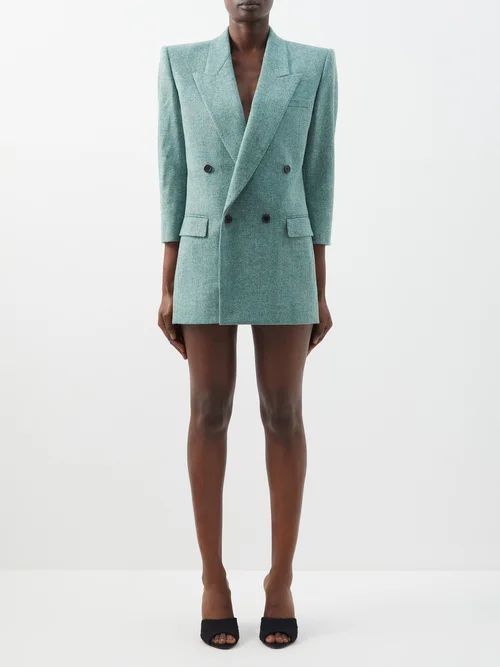 Padded-shoulder Herringbone-wool Blazer Dress - Womens - Green