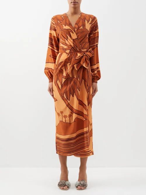 Sociedades Antiguas Silk-crepe Wrap Midi Dress - Womens - Brown Print