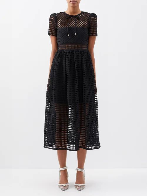 Lattice-lace Short-sleeve Midi Dress - Womens - Black