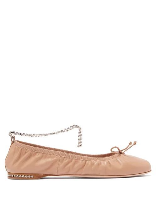 Crystal-anklet Leather Ballet Flats - Womens - Nude