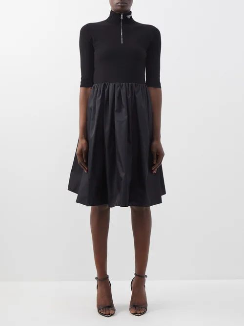 Zipped High-neck Jersey And Nylon Dress - Womens - Black