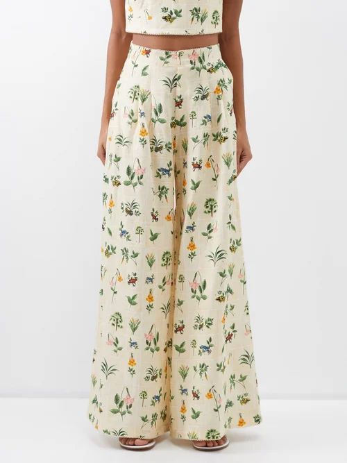 Pinon Botanical-print Linen Wide-leg Trousers - Womens - Ivory Multi
