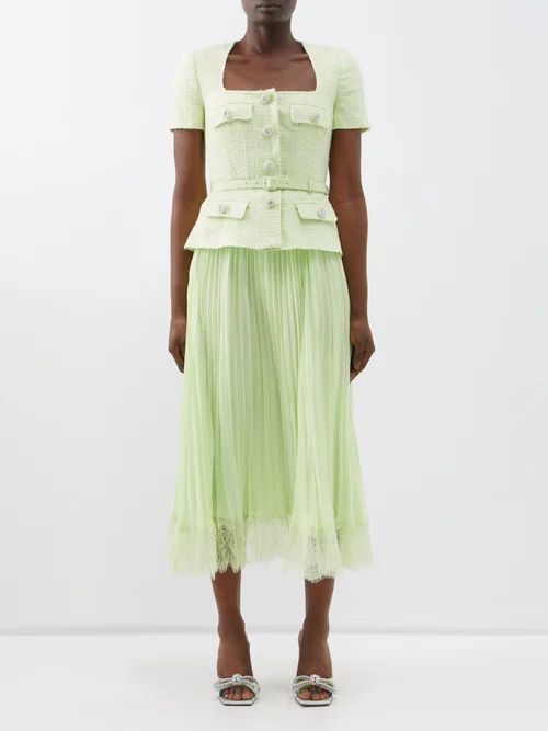 Belted Bouclé And Crepe Midi Dress - Womens - Lime Green