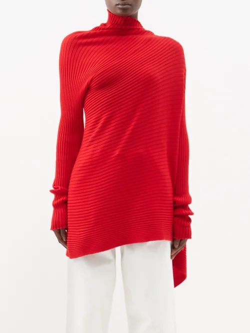 Asymmetric Draped Ribbed-wool Sweater - Womens - Red