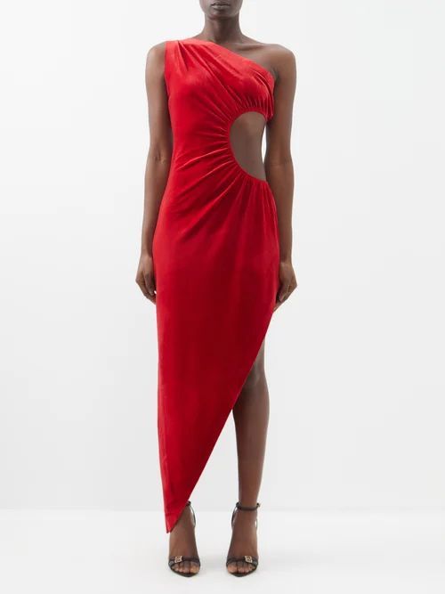 Sunburst One-shoulder Cutout Velvet Dress - Womens - Red