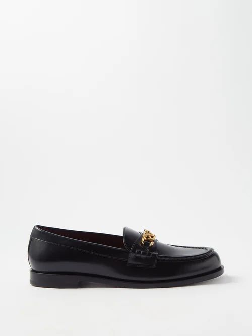 V-logo Chain Leather Loafers - Womens - Black