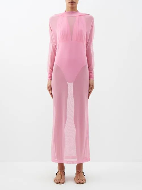 High-neck Mesh Maxi Dress - Womens - Light Pink