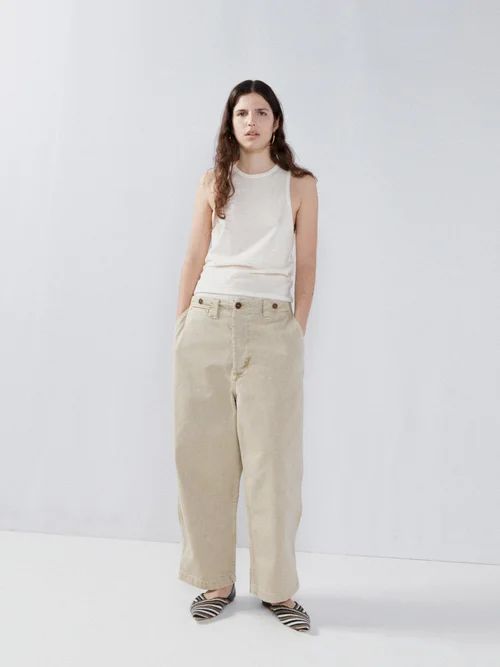 Wide-leg Organic-cotton Button-hem Chino Trousers - Womens - Grey