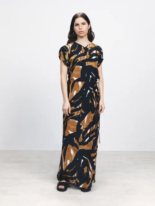 Woodblock-print Gathered-sleeve Silk Dress - Womens - Brown Print