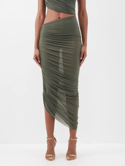 Diana Asymmetric Ruched Tulle Skirt - Womens - Dark Green