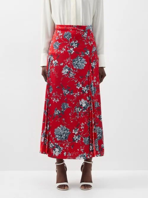 Flora Penrose Floral-print Satin Midi Skirt - Womens - Red Multi