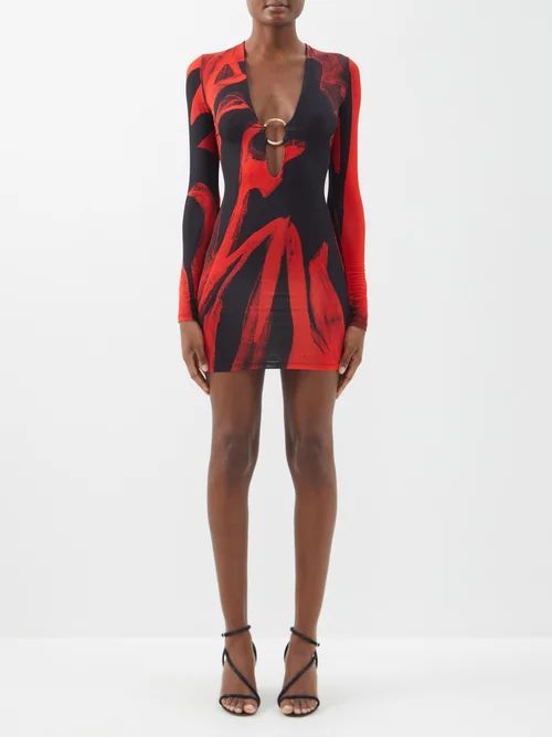 Helios Plunge-front Printed-jersey Mini Dress - Womens - Red Black