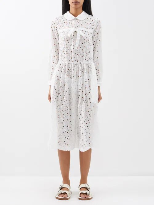 Broderie-anglaise Cotton-lace Midi Dress - Womens - White