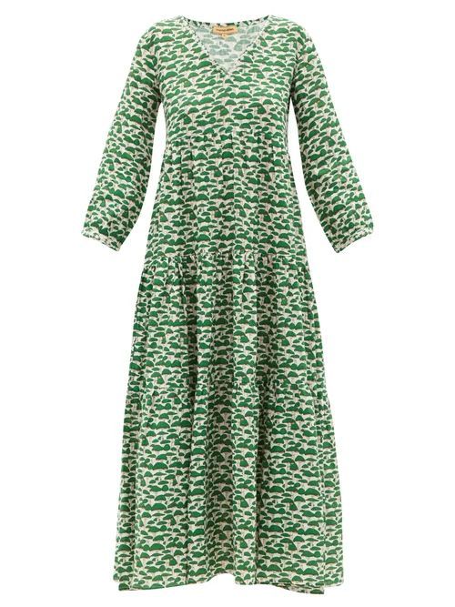 Frangipani Tiered Linen Maxi Dress - Womens - Green White
