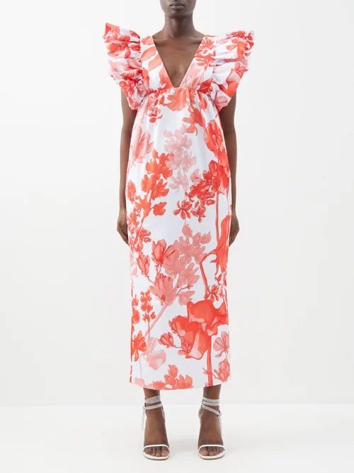 Metvi Orchid-print Ruffled Taffeta Dress - Womens - White Red