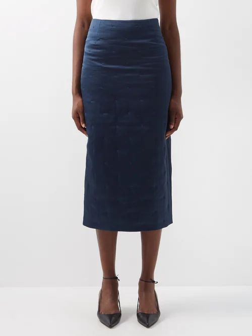 High-waist Padded Silk-satin Midi Skirt - Womens - Dark Blue