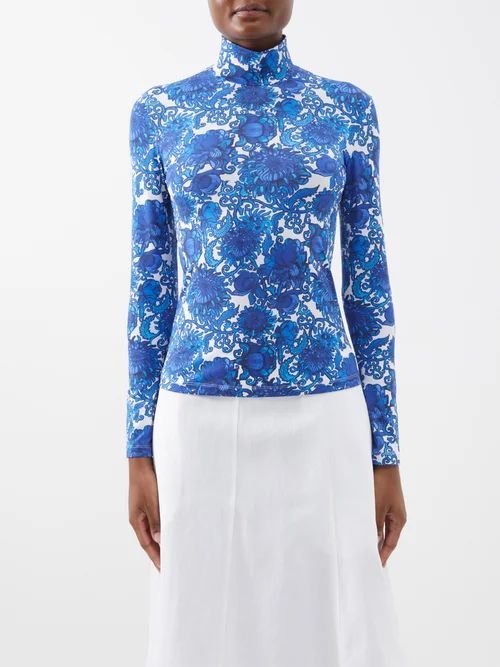 High-neck Floral-print Jersey Top - Womens - Blue Print
