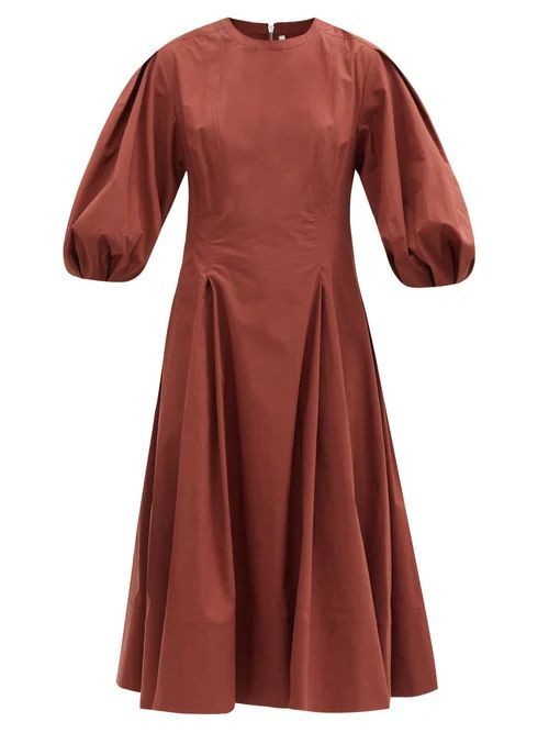 Puff-sleeve Organic-cotton Poplin Midi Dress - Womens - Brown