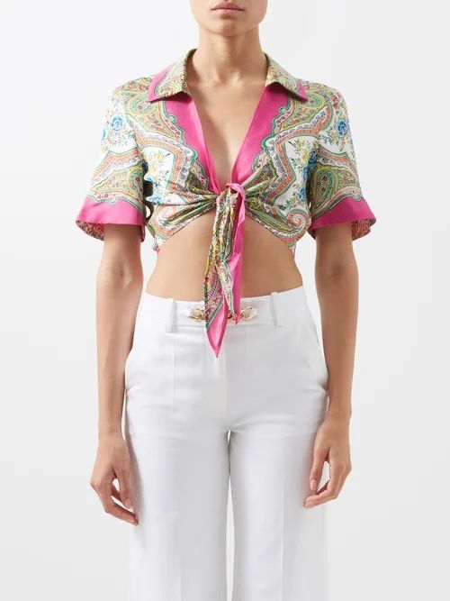 Calypso Paisley-print Silk Cropped Shirt - Womens - Pink Print