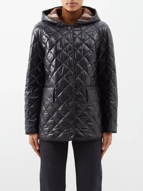 Diamond-quilted Lacquered Hooded Jacket - Womens - Black