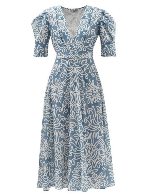 Dasha Floral-print Cotton-khadi Midi Dress - Womens - Blue