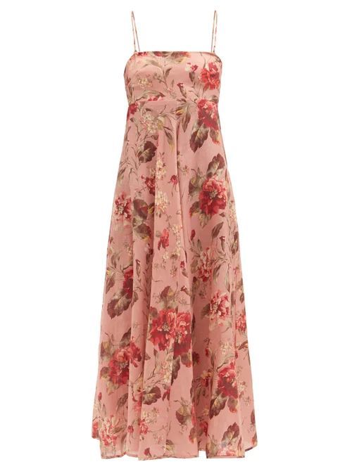 Cassia Musk Floral-print Linen Midi Dress - Womens - Pink Print