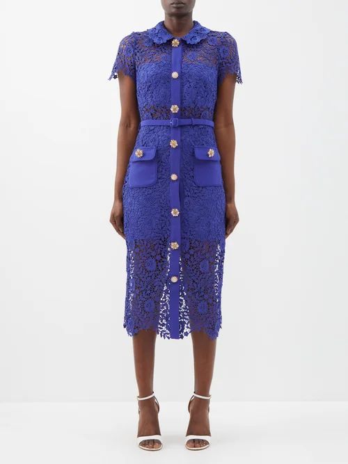 Floral-lace Midi Shirt Dress - Womens - Blue