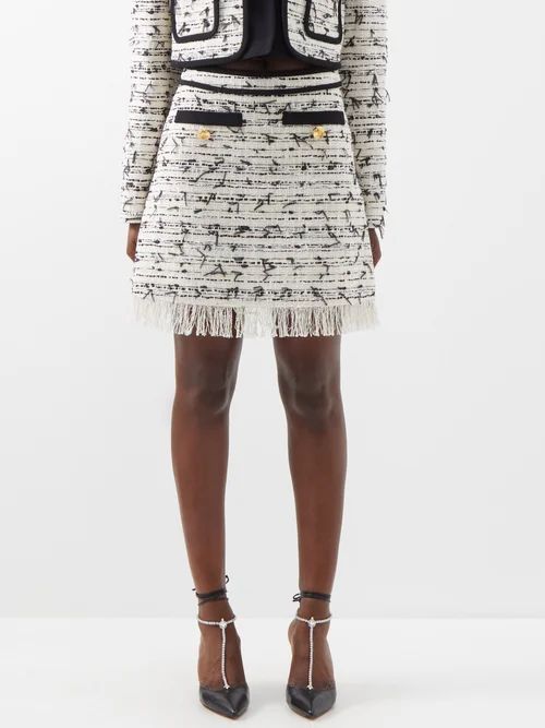 Frayed-hem Cotton-blend Bouclé Mini Skirt - Womens - White Black