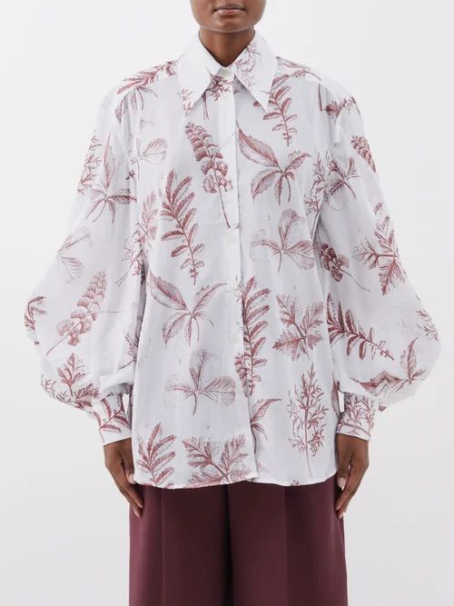Moorcomb Botanical-print Cotton-voile Shirt - Womens - Burgundy White