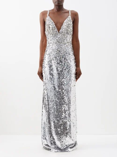 Plunge-front Sequinned Gown - Womens - Silver