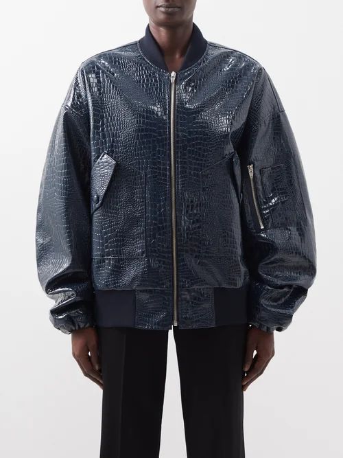 Hane Croc-effect Faux-leather Bomber Jacket - Womens - Navy