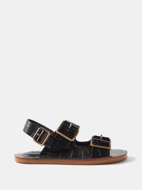 Buckled Croc-effect Leather Sandals - Womens - Black