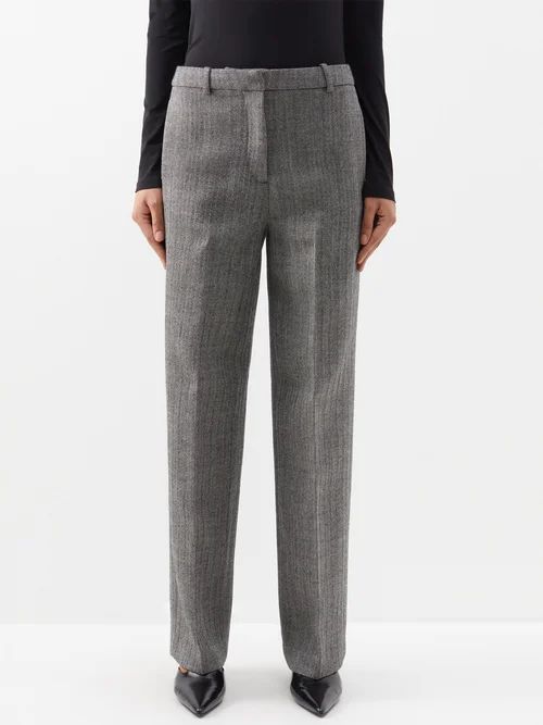 Herringbone Mid-rise Straight-leg Wool Trousers - Womens - Dark Grey