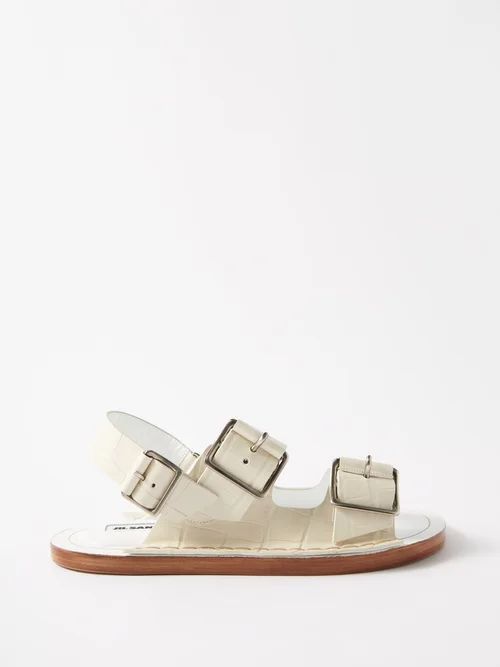 Buckled Croc-effect Leather Sandals - Womens - Cream