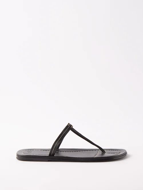 Topstitched Leather Flat Sandals - Womens - Black