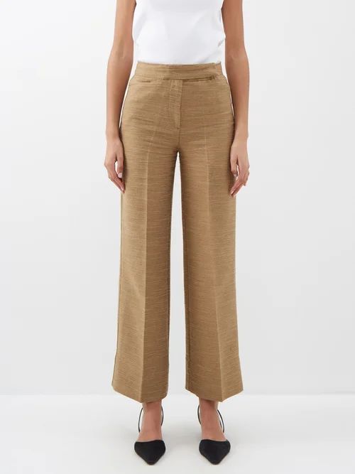 Wide-leg Slubbed-tweed Suit Trousers - Womens - Light Brown