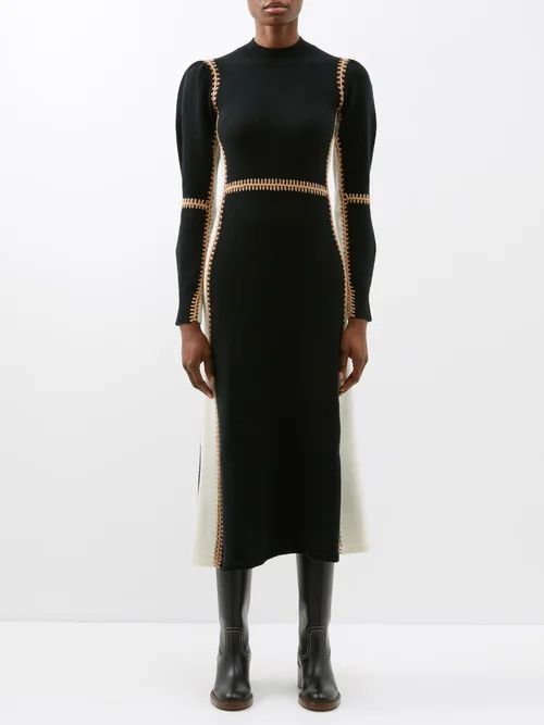 Crochet-trim Wool-blend Knitted Dress - Womens - Black Multi