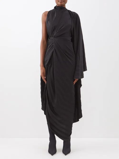 Asymmetric Pleated-twill Dress - Womens - Black