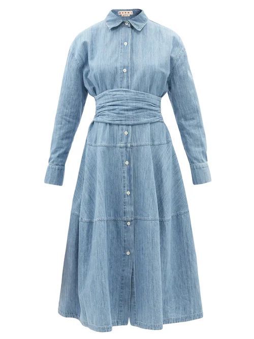 Belted Cotton-blend Chambray Shirt Dress - Womens - Blue