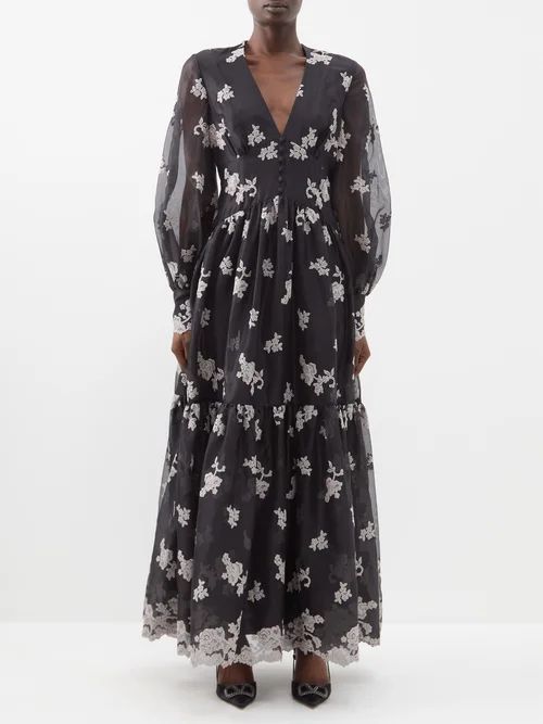 Tabetha Floral-embroidered Silk-organza Dress - Womens - Black