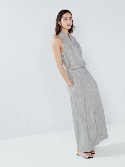 Wrap Linen Halter Dress - Womens - Grey
