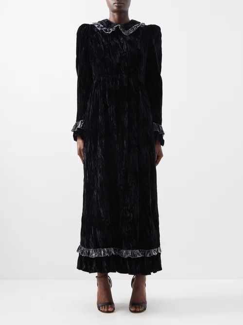 Ruth Ruffle-trimmed Crushed-velvet Midi Dress - Womens - Black