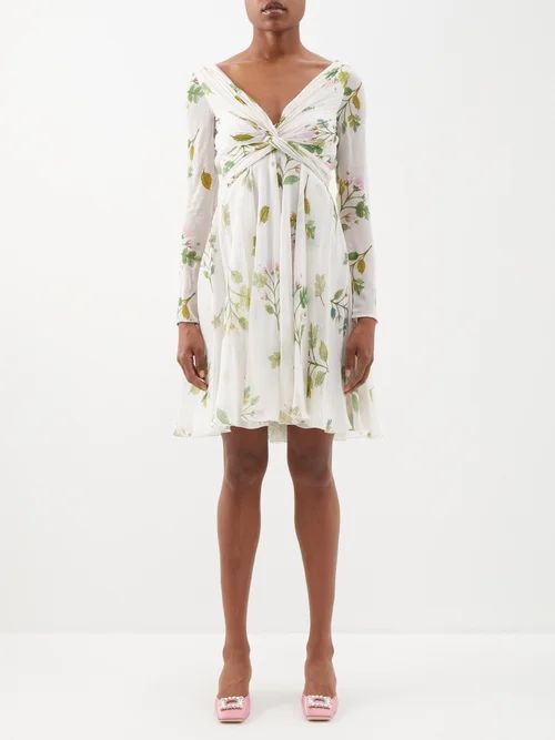 Twisted Rose-print Silk-georgette Dress - Womens - Ivory Multi