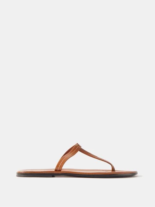 Topstitched Leather Flat Sandals - Womens - Tan