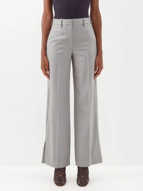 Pleated-cuff Wool-felt Wide-leg Trousers - Womens - Grey