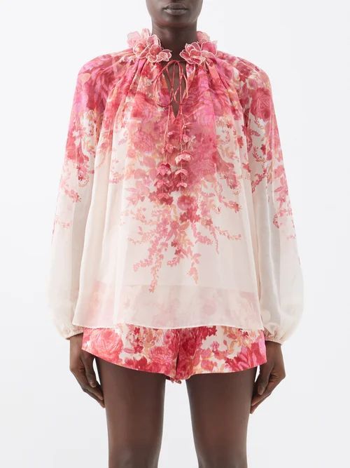 High Tide Floral-print Cotton-blend Blouse - Womens - Pink Print