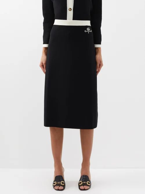GG-embroidery Wool Midi Skirt - Womens - Black